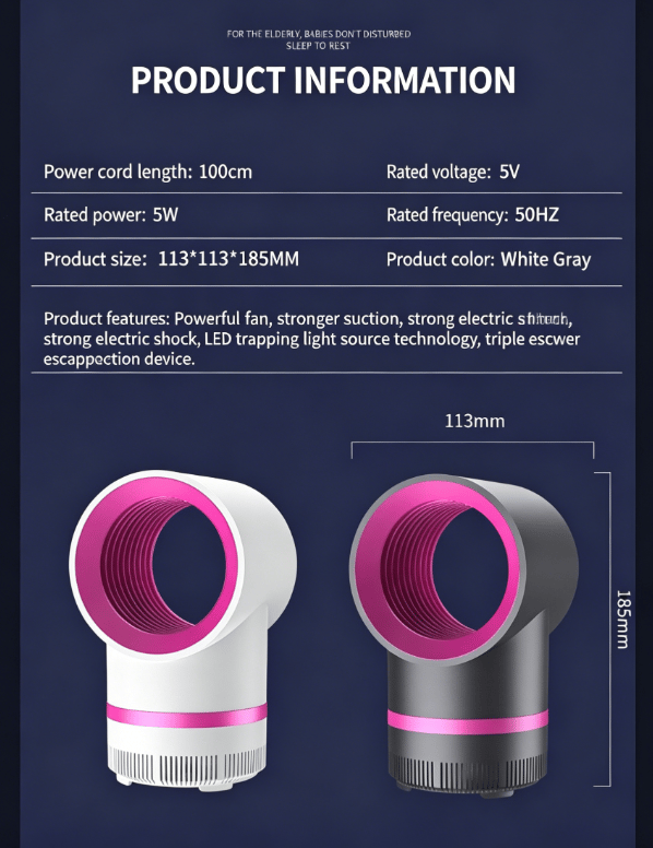 Indoor USB Mosquito Killer Lamp with Turbo Fan Suction 360° UV Light Trap 25dB Low Noise 24H Energy Saving