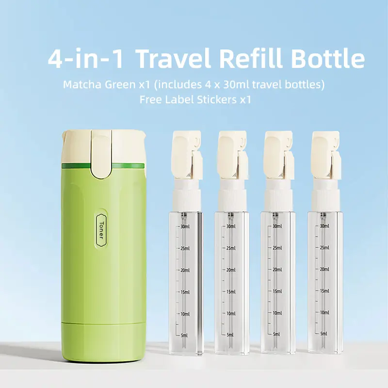 4-in-1 Travel Dispenser Bottle, Leak-Proof Refillable Silicone Squeeze Container with Lock