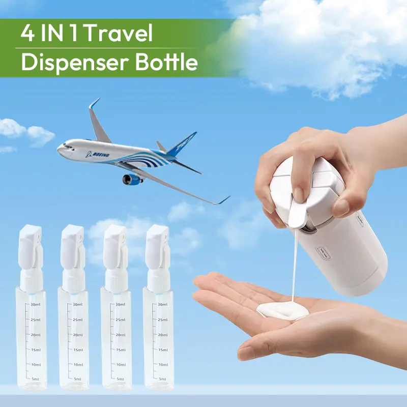4-in-1 Travel Dispenser Bottle, Leak-Proof Refillable Silicone Squeeze Container with Lock