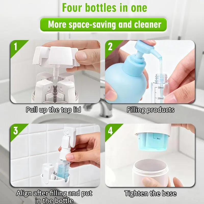 4-in-1 Travel Dispenser Bottle, Leak-Proof Refillable Silicone Squeeze Container with Lock