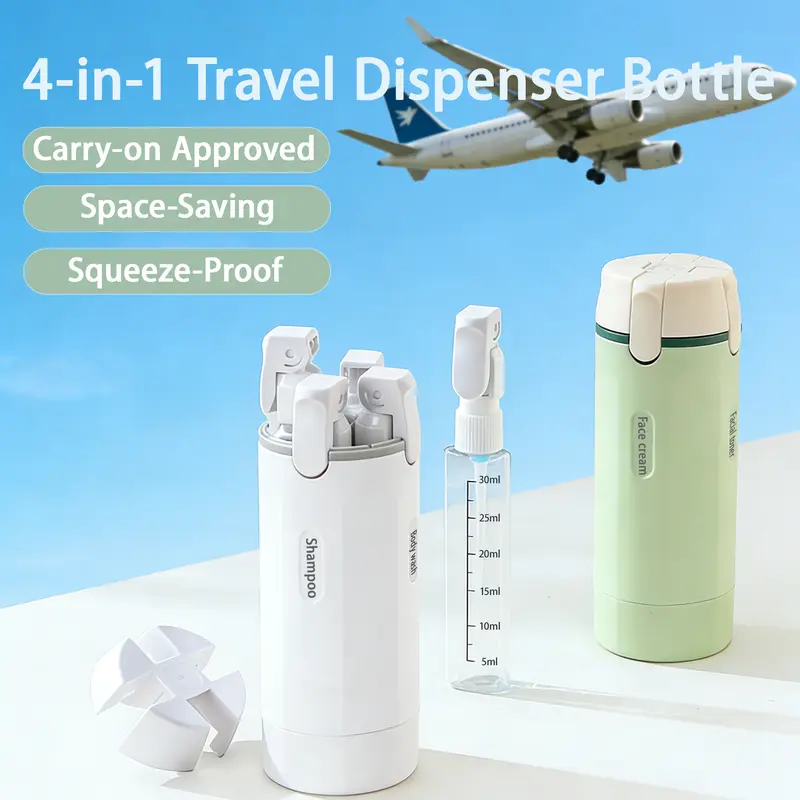 4-in-1 Travel Dispenser Bottle, Leak-Proof Refillable Silicone Squeeze Container with Lock