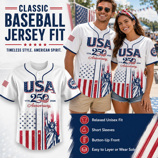 🔥 USA 250th Anniversary Baseball Jersey – 1776-2026 Independence Day Patriotic Shirt, Men & Women, Flag & Liberty Print