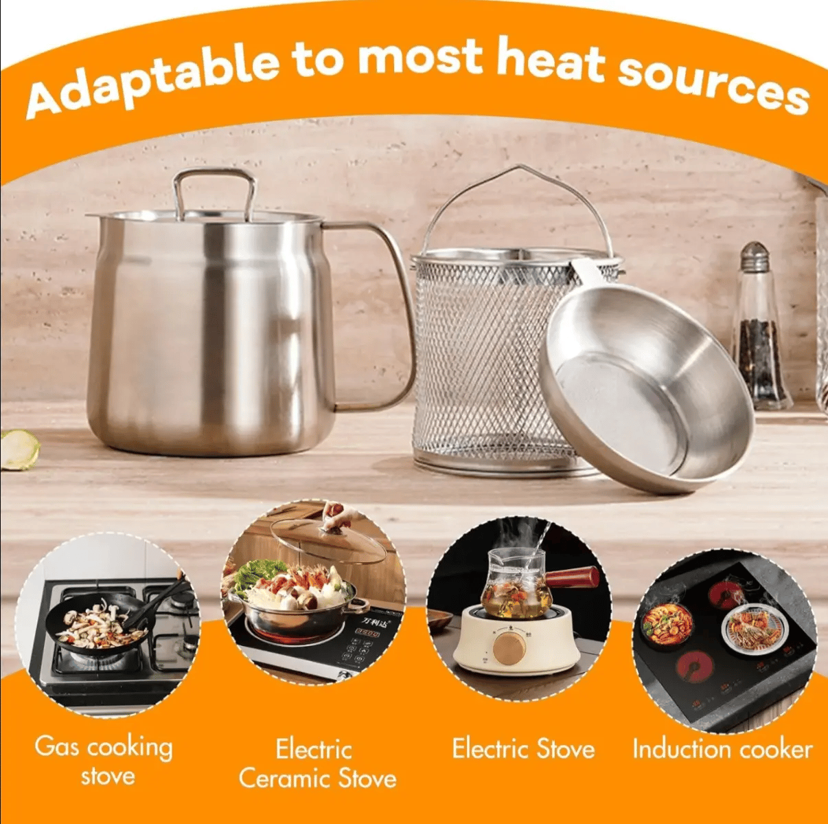 304 Stainless Steel Deep Fryer Pot with Basket & Strainer