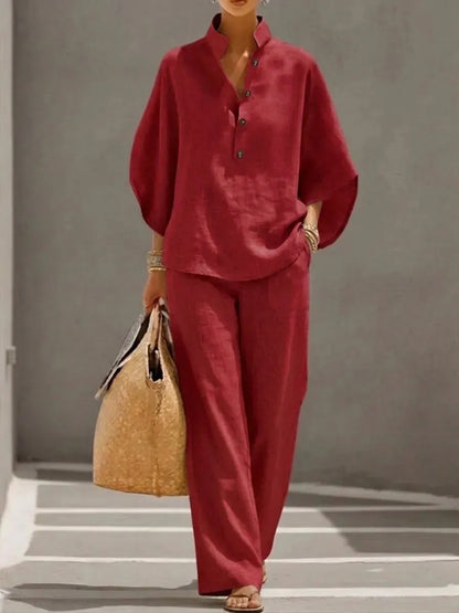 🔥 🔥Women's Batwing Sleeve Two-Piece Set – Casual Shirt & Wide Leg Pants Outfit