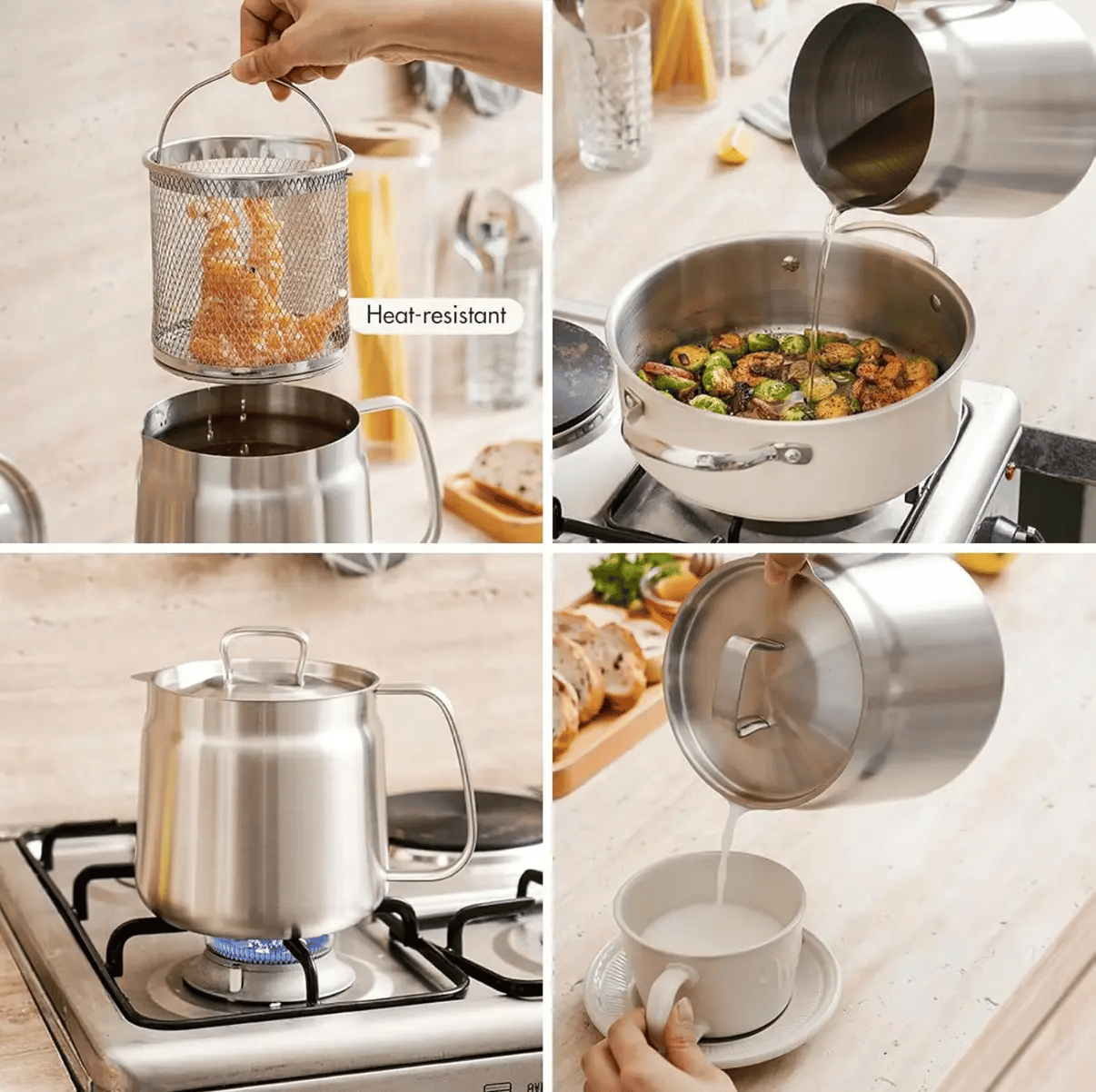 304 Stainless Steel Deep Fryer Pot with Basket & Strainer